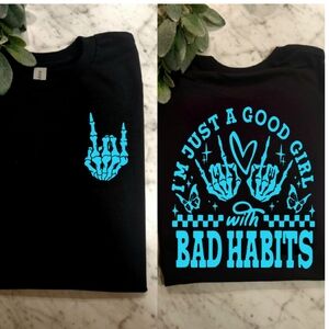 Good girl with bad habits shirt humor retro cute black and blue